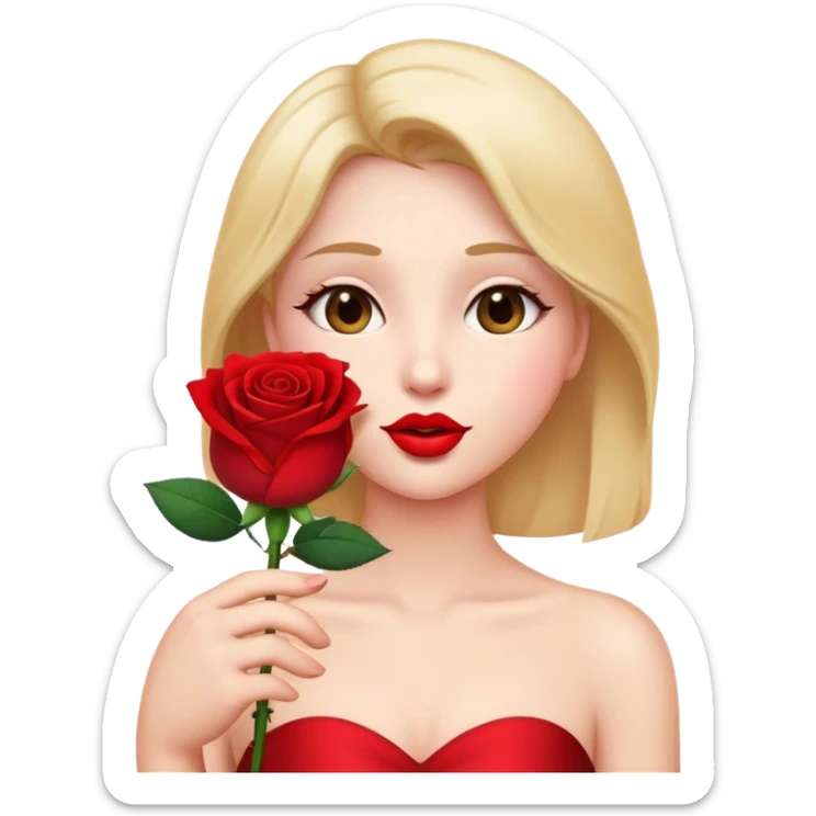 Cinematic Elegant Aurora Portrait Emoji, Delicately holding a single red rose, gazing with soft wonder, lips gently parted as if about to sing, the picture of grace and elegance, glowing with royal charm! sticker