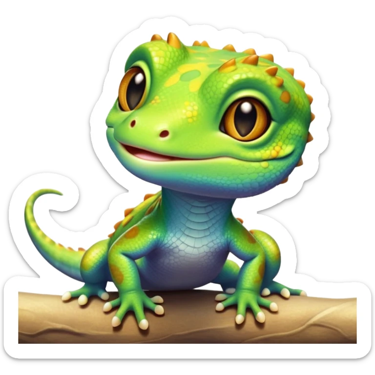 cinematic-cute-realistic gecko-portrait-emoji,-head-tilted-playfully-and-inquisitively,-featuring-a-small,-charming-body-with-smooth,-vividly-patterned-scales,-bright,-sparkling-eyes-and-delicate,-sticky-toe-pads,-simplified-yet-irresistibly-adorable sticker