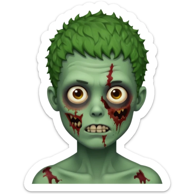 Zombie boy with green skin and short curly hair with bruises on his jaw sticker