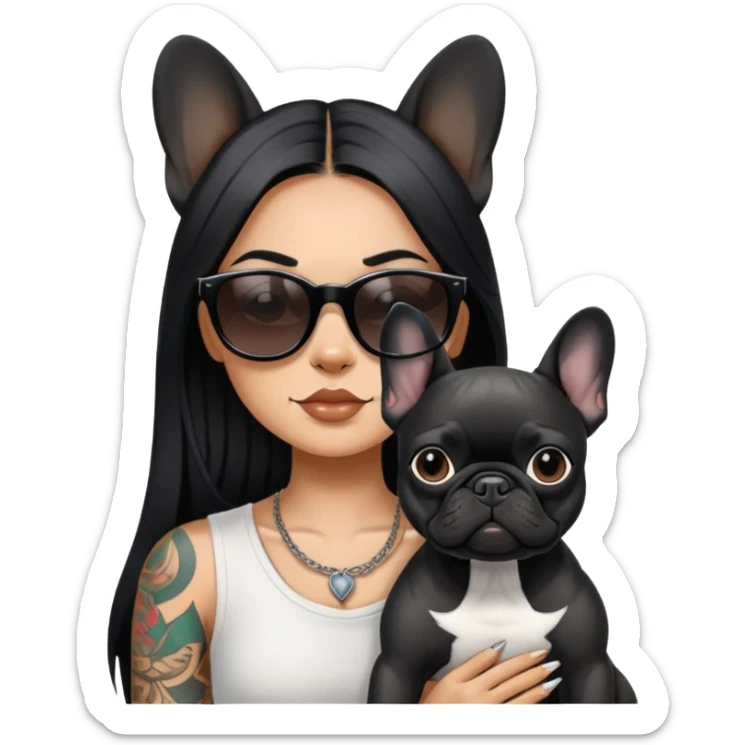 girl with long black  straight hair and tattoos and Wearing sunglasses and a black French bulldog sticker