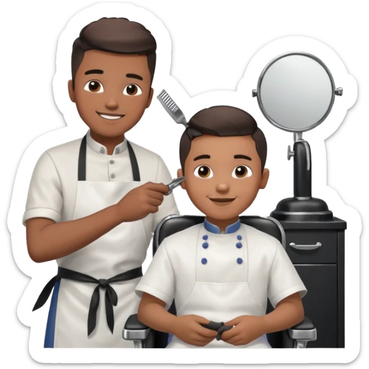Barber cutting boys hair. Show the boy sat in black barber chair and both having smiles on their faces sticker