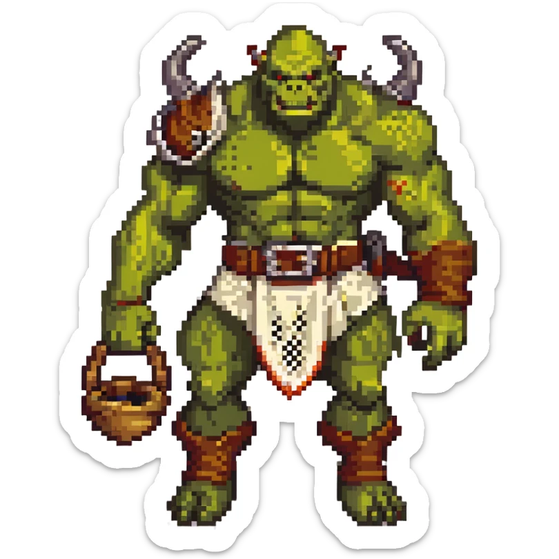 orc male Belt of defeated "Pesky Sand Crab" claws, flexing with a net full of loot. sticker
