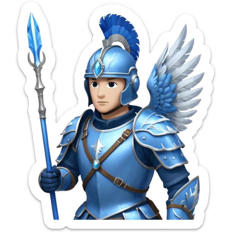 soldat en armure légère de couleur argentée et bleue, presque translucide, tenant une lance ornée d'un cristal. Son casque est stylisé avec des plumes d'oiseau. Il se tient devant un fond de nuages vaporeux. sticker