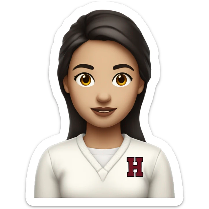 Girl with dark brown hair and white skin wearing a white sweater with the black crimson and white Harvard University logo on it  sticker