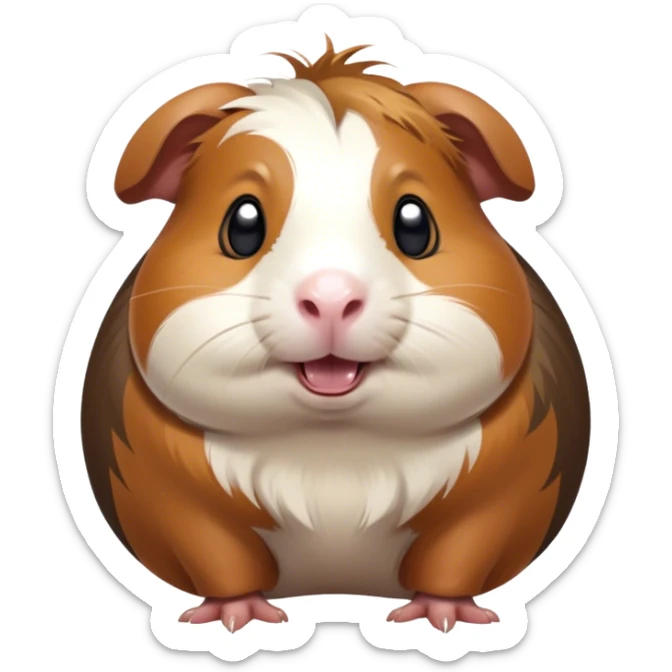 Cinematic Comical Brown and White Banded Guinea Pig Portrait Emoji, Head tilted dramatically with an exaggeratedly amused expression, featuring a striking coat with bold brown and white banding, wide, expressive dark eyes filled with playful disbelief, Simplified yet hilariously expressive features, highly detailed, glowing with a slightly sassy glow, high shine, dramatic yet playful, stylized with an air of cheeky mischief, bright and endearing, soft glowing outline, capturing the essence of a spirited and over-the-top guinea pig, so meme-worthy it feels like it could side-eye its way into internet fame instantly! sticker