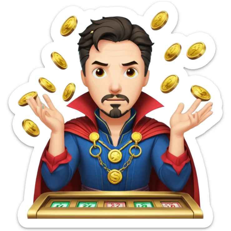disheveled Doctor Strange losing money at a slot machine, panicked face, coins flying sticker