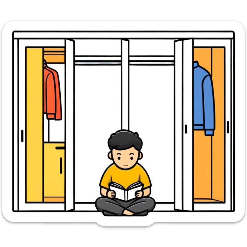 A man is sitting on the floor of an apartment. There are parts of a new wardrobe lying on the floor. An open instruction book is lying on the man's head. sticker