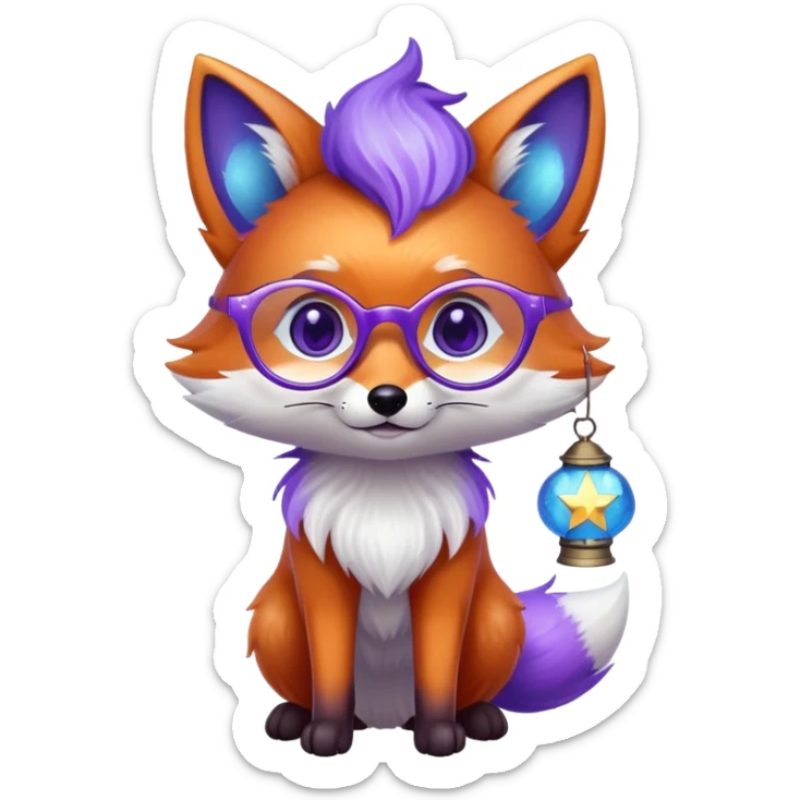 Laughing with tears of joy 😂 — a small magical fox with shimmering purple and blue fur, a glowing fluffy tail, a silver star on its forehead, round glasses, and a tiny lantern. sticker