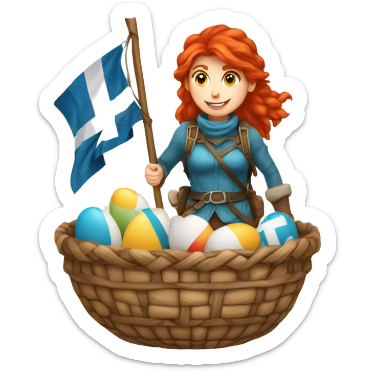 red hair female winter mountaineer climbing with Easter eggsbasket and Greek flag sticker