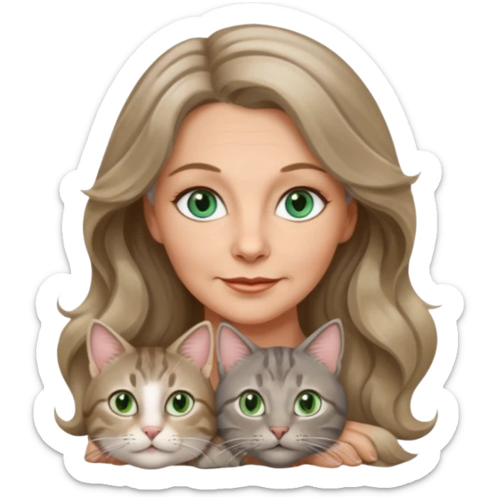 beautiful 50 yr old woman, long wavy dark blonde hair, blue green eyes with one beautiful gray tabby cat with hazel eyes sticker