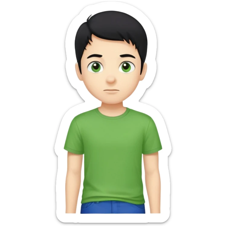 Un ragazzo con i capelli neri e gli occhi neri con una maglietta verde e i pantaloni blu senza occhiali  sticker