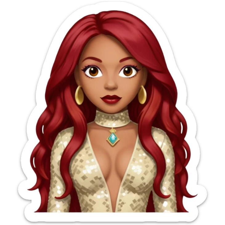LaTavia Robeson from Destiny's Child with long dark red hair, cream sequin outfit sticker