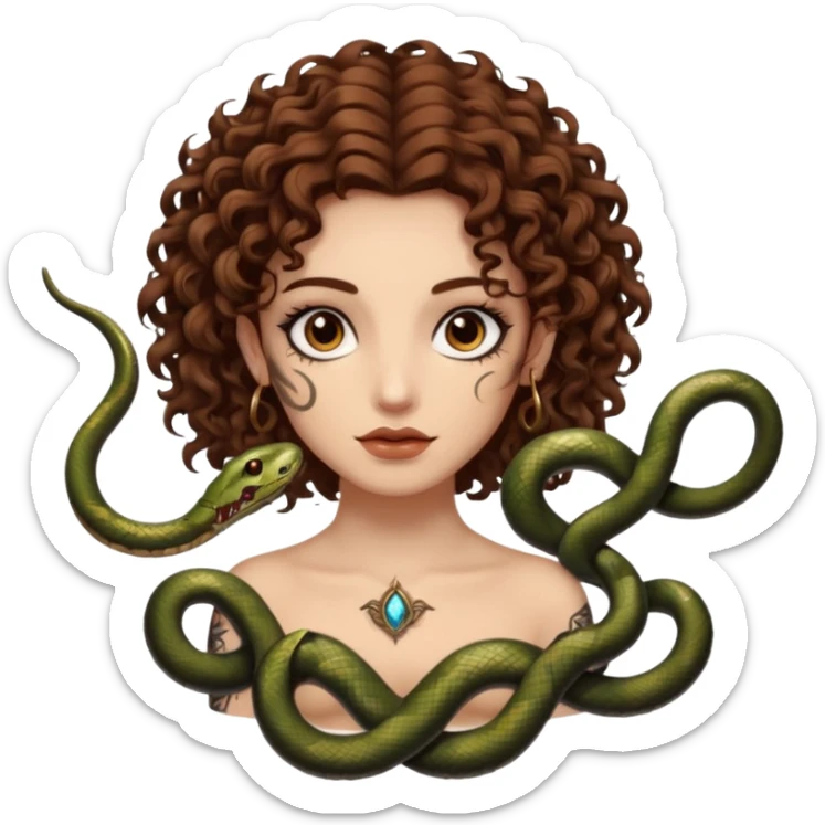 Sexy brown eyes, white skin, brown curly hair, with tattoo, mystic vibe, with snakes  sticker
