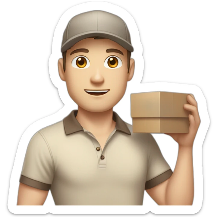 Pale skinned fit Man with dark brown hair in a beige cap, gray jeans, brown polo and white T-shirt keeping a pasted with tape white box into his hands sticker