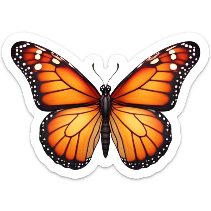 Cinematic Realistic Noble monarch Butterfly Portrait Emoji, Poised and elegant, with delicate, translucent wings rendered in rich ruby and scarlet hues, a slender, graceful body with intricately detailed textures, and soft, reflective eyes, illuminated by natural light, high shine, intelligent and regal, styled with an air of refined natural splendor, focused and attentive, soft glowing outline, capturing the essence of a watchful and confident monarch butterfly that appears to emerge majestically from the screen! sticker