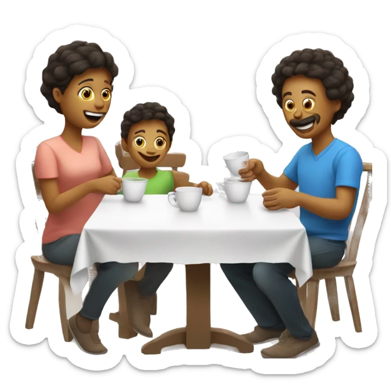 An emoji of a family—mother, father, and child—sitting at a table, playing a cup game with paper cups arranged on the table as they have fun together sticker