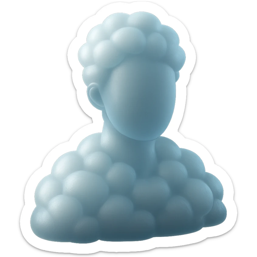 person made entirely of bright, convex clouds, shoulder-up, looking straight sticker