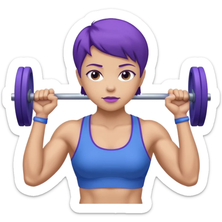 weight lift woman short blue purple har muscles bar is not growing from head sticker