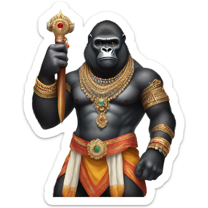 male gorilla with indian male jewellery and  indian traditional wear, holding a  huge weapon, humanoid, holding another  huge weapon  sticker