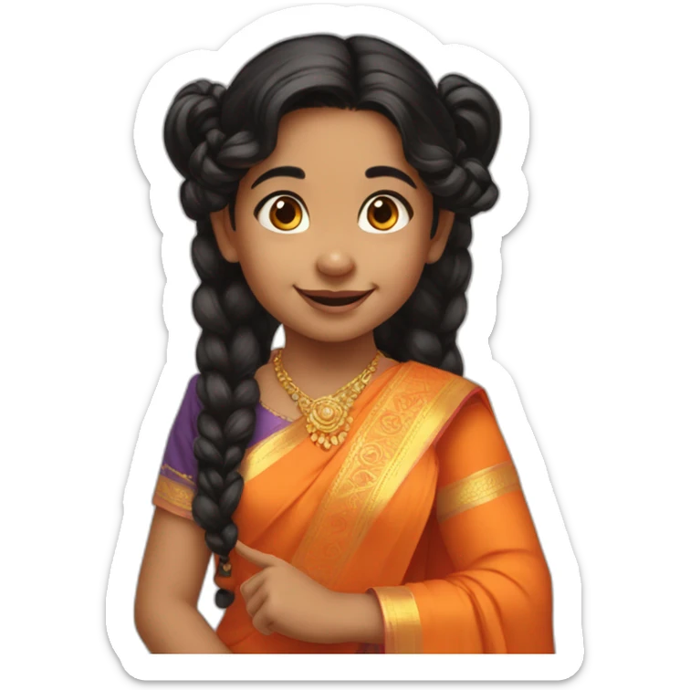 smiling and pointing 3 years old indian girl with black curly hair in pigtails wearing a orange saree sticker