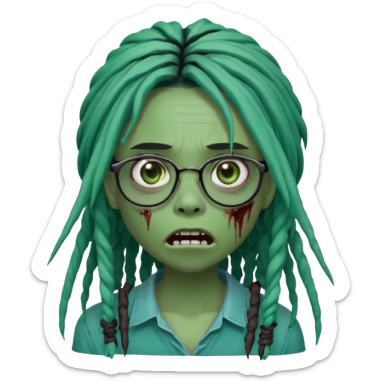 One young female green-skinned, zombie with glasses, with ombre black roots & teal tips long dreadlocks and a side bang of her locs that fall over the left eye and a worried expression like with the mouth open, teeth showing, and the jaw uneven. with a small wound near its mouth. sticker