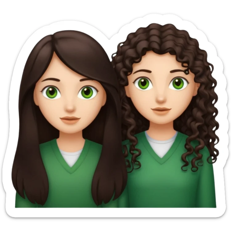 Two besties: 1: long ironed straight darkbrown hair, green eyes 2: long curly darkbrown hair, brown eyes sticker