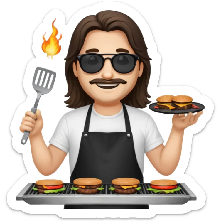long hair man grilling wearing shade smiling in a white tshirt and a black apron grilling burger and meat on a sizzling grill sticker