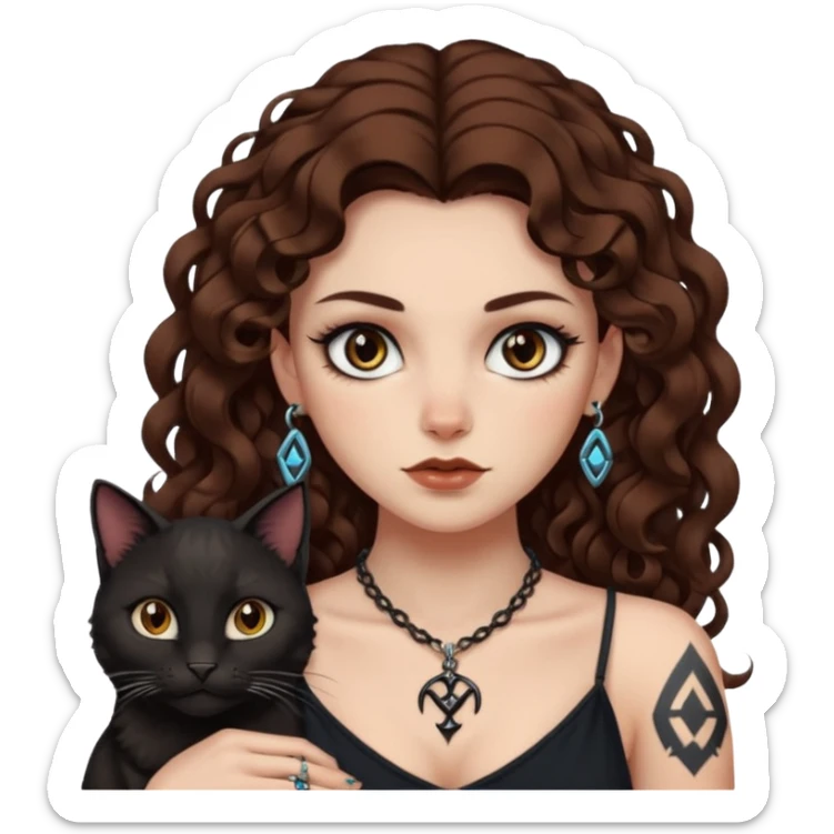 woman with long curly brown hair, brown eyes, white skin, tattoos, black cat wearing tiny rune necklace judging everyone sticker