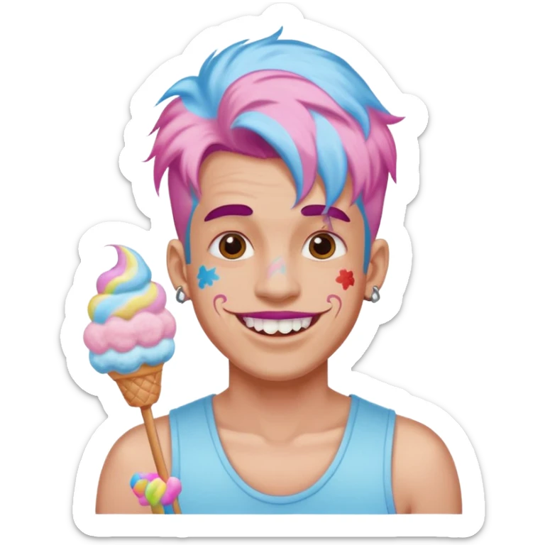 happy colorful haired man made out of cotton candy with braces and tattoos and just face not holting anything sticker
