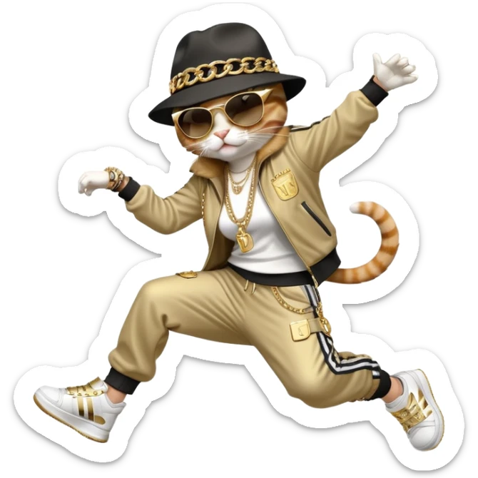 female cat in Run DMC hip-hop outfit with tracksuit, fedora, Adidas sneakers, dark sunglasses, many gold chains and bling accessories, doing a headspin break dance move sticker