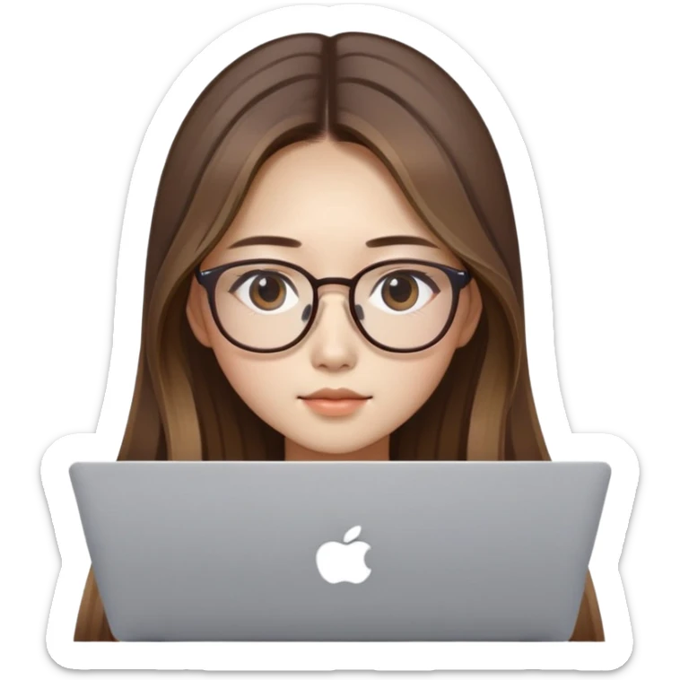 brown balayage straight long Hair korean girl with MacBook with glasses sticker