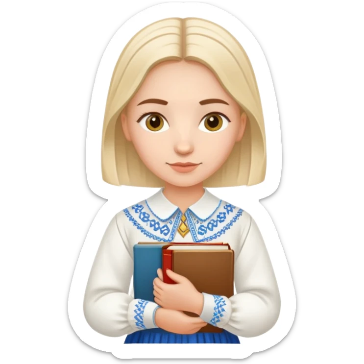 Young Ukrainian librarian wearing a traditional white embroidered vyshyvanka shirt holding books sticker