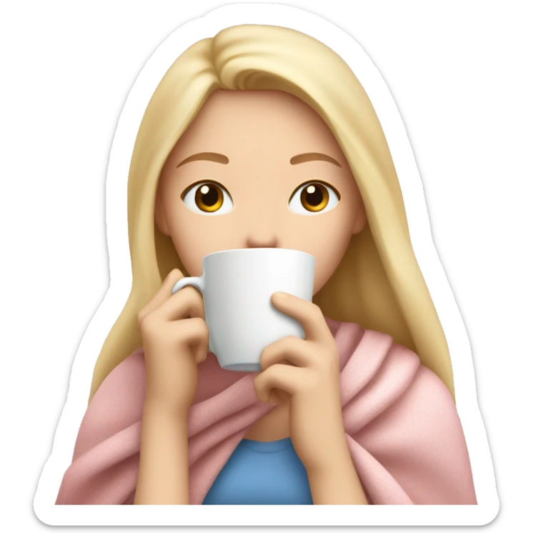 Blonde girl inside a light pink blancket sipping coffee eyes closed white skin blue eyes  sticker