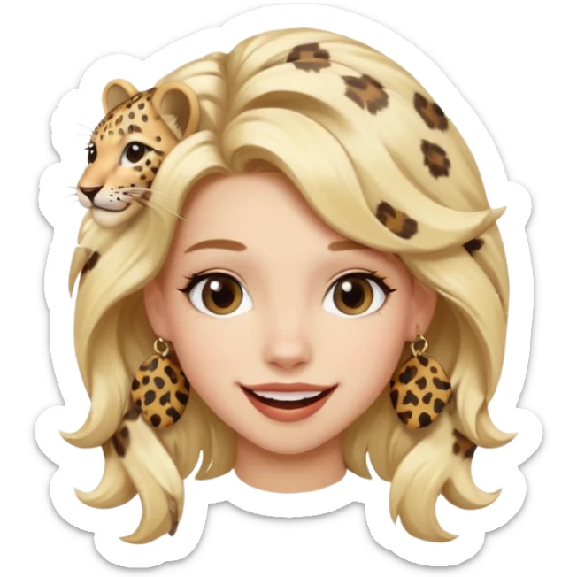Une fille blonde et joyeuse. Elle porte une coiffure rock et originale avec 3 pinces pour cheveux  léopard et motif peau de vache. sticker