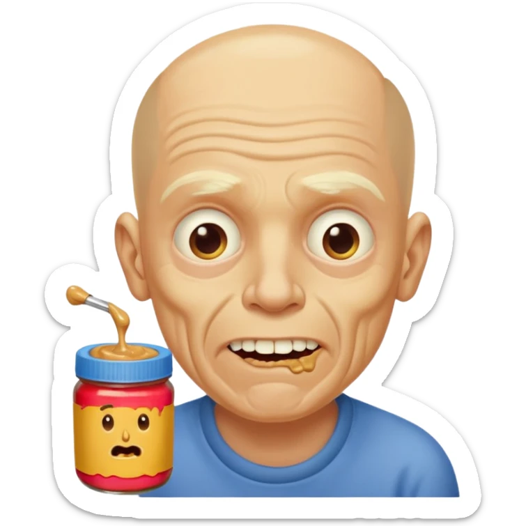 White man, barely any hair, lots and lots of wrinkles, bad yellow teeth, and peanut butter. Cerebral palsy sticker
