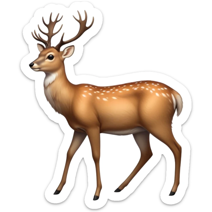 cinematic-noble [deer]-realistic-full-body-standing on all fours-emoji,-tail-tucked-close,-head-tilted-dramatically,-sleek-[fawn]-fur,-simplified-yet-realistic-focused-features,-highly-detailed,-glowing-with-an-almost-sarcastic-glow big antlers sticker