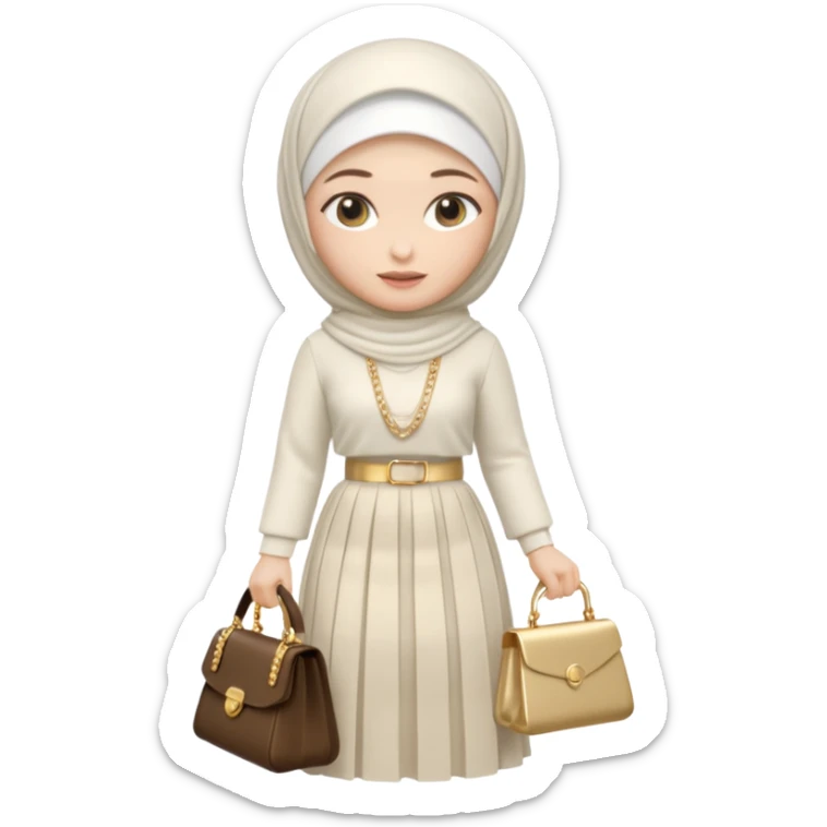 female memoji character, iPhone style, wearing white hijab, white lace top, pleated long skirt, cream handbag with gold chain, soft 3D shading, cute expression, no background, transparent PNG sticker