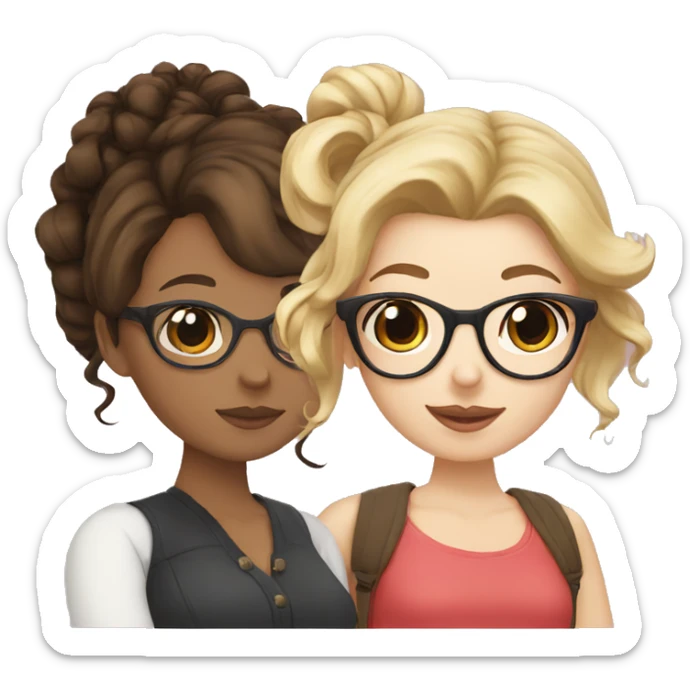 Blonde girl with glasses, brunette with curly hair and glasses and dark haired brunette with glasses and a bun sticker