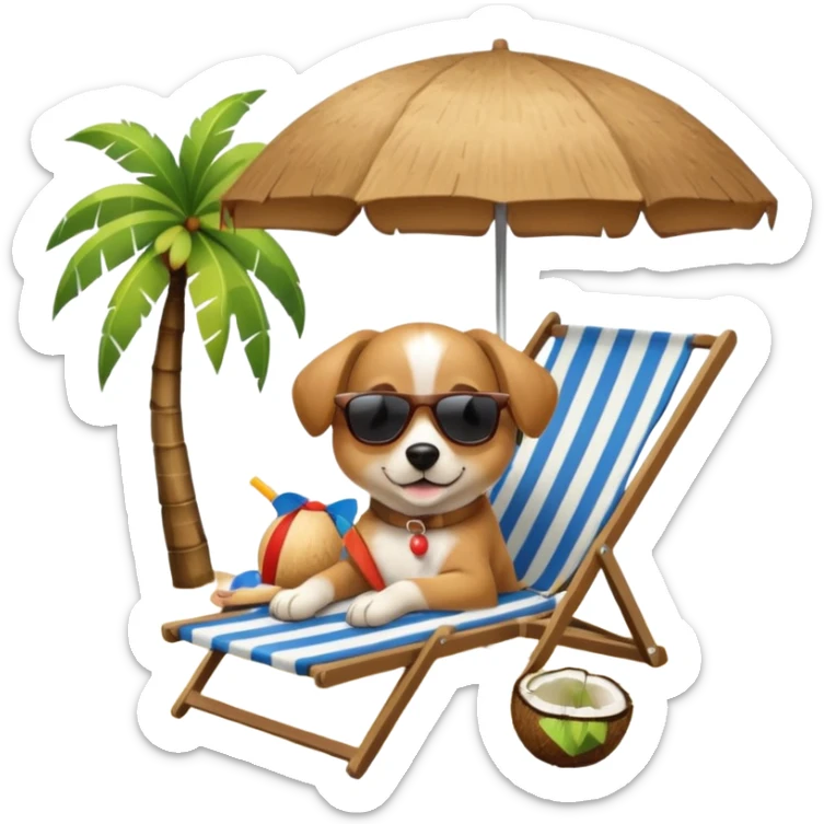 a dog laied on a beach chair, a sunny beach, a sun umbrella, and beach coconut trees. the icon should capture the essence of a relaxing beach vacation with a carefree atmosphere sticker