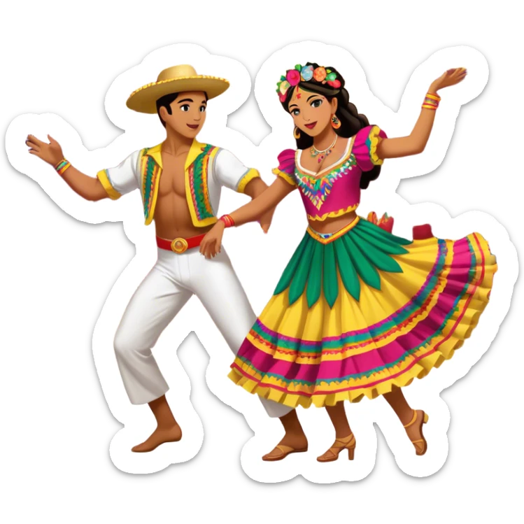 Cinematic Realistic scene of two dancers performing Cumbia, adorned in colorful traditional Colombian costumes with intricate details, captured in rhythmic motion with lively, festive lighting sticker