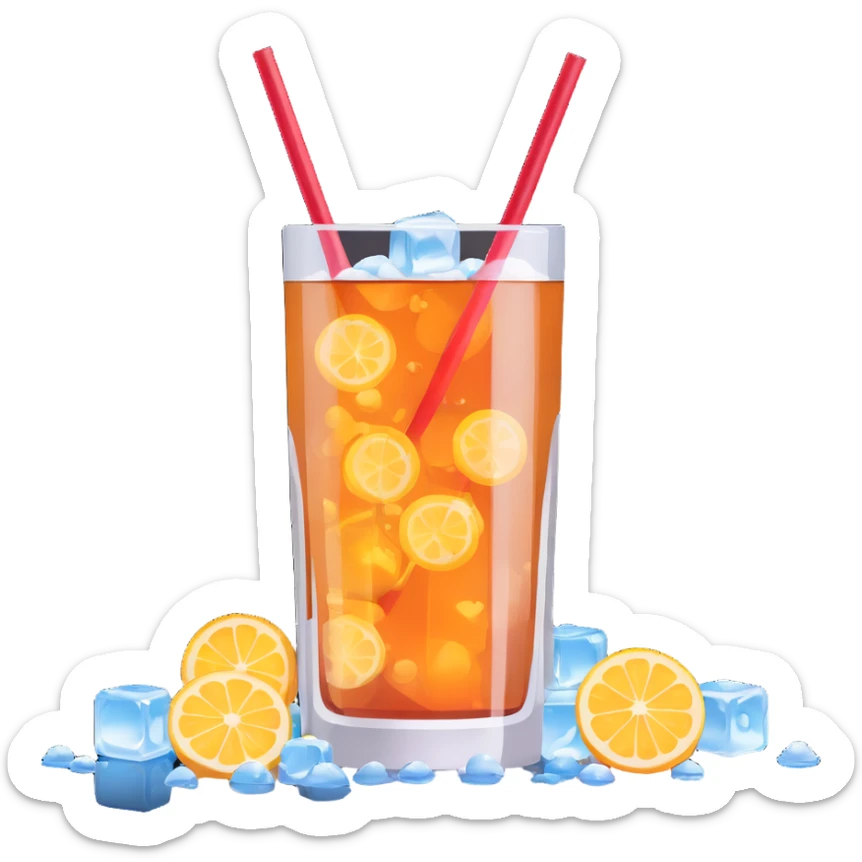 hyper-realistic 3D illustration of a glass of soda with ice cubes and a straw, showing clear reflections and bubbles sticker