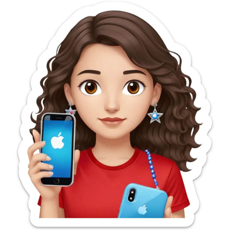 brunette girl with wavy medium length hair, brown eyes, light/medium skin tone, holding iPhone and light phone, wearing red Adidas t-shirt, small silver hoop earrings with blue gem stars, and a different colorful beaded charm necklace sticker
