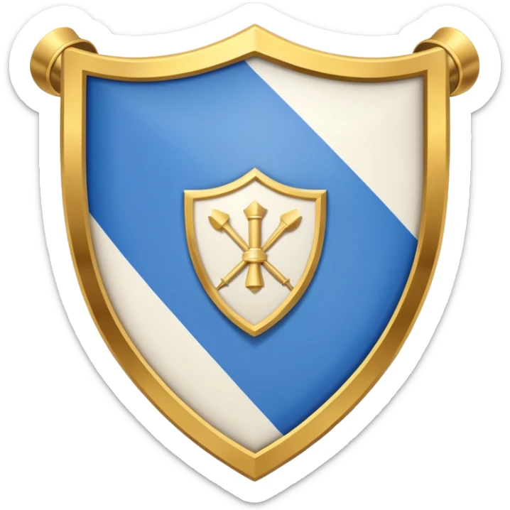 Hazme la bandera blanca con una franja azul de punta izquierda arriba a punta derecha abajo con un escudo en medio de la bandera de colores dorados sticker