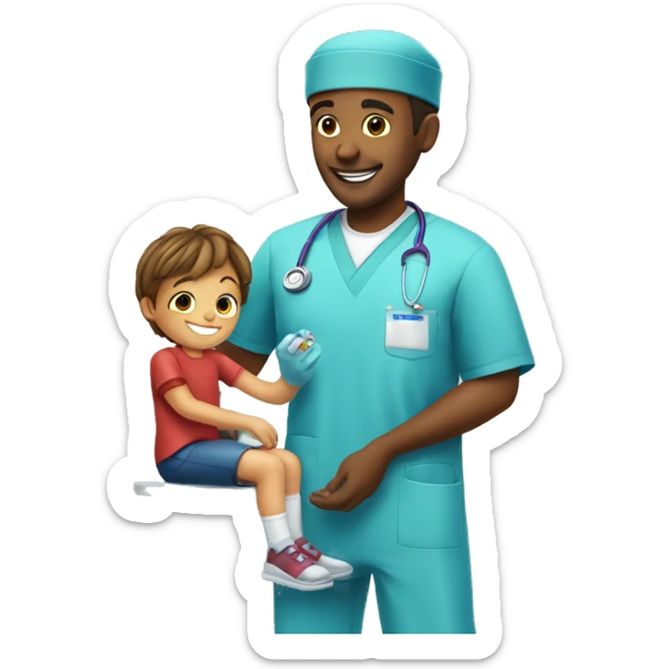 "Emoji of a male nurse in scrubs giving a vaccine to a smiling 4-year-old child" sticker