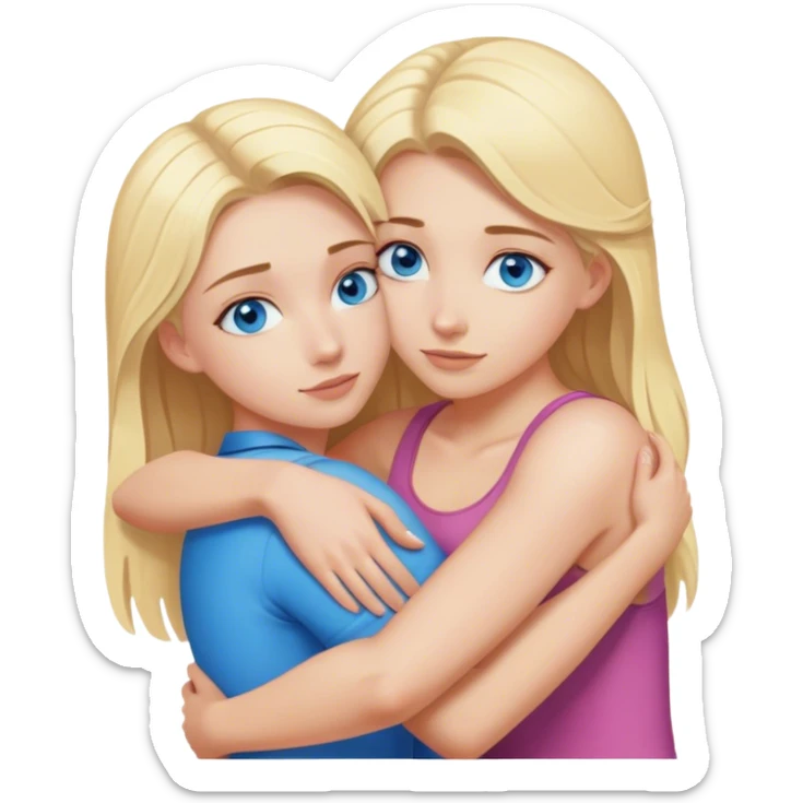 Cinematic realistic blonde with blue eyes hugs another blonde girl from behind sticker