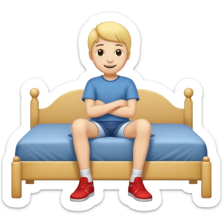emoji- of a smiley boy sitting at the edge of the bed with legs on the floor sticker