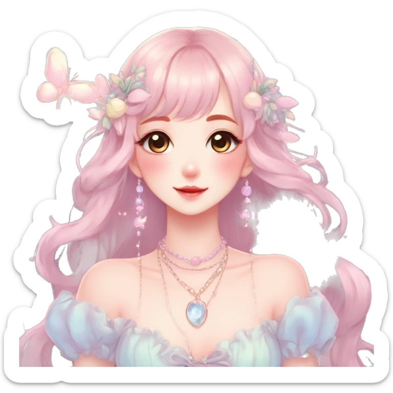 Gorgeous pastel anime style lady with blushing face and fairy dress necklace cottagecore fairycore pastelcore colorful pearly romantic simplistic aesthetic trending style sticker
