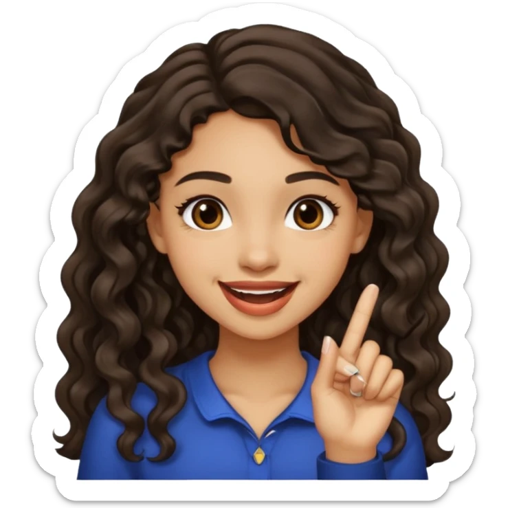 a light skin girl w black slight brown really tall wavy hair biting one fingering and smiling (in a flirty way) with big brown pretty eyes sticker