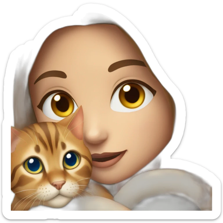 a beautiful girl with brown hair and blue eyes holds a Bengal cat with yellow eyes in her arms sticker