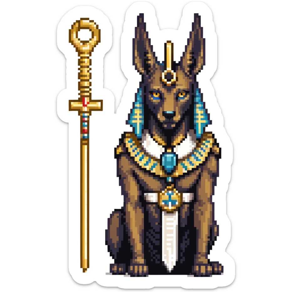 Egyptian god Anubis with black jackal head, gold collar, Egyptian headdress, holding ankh symbol sticker